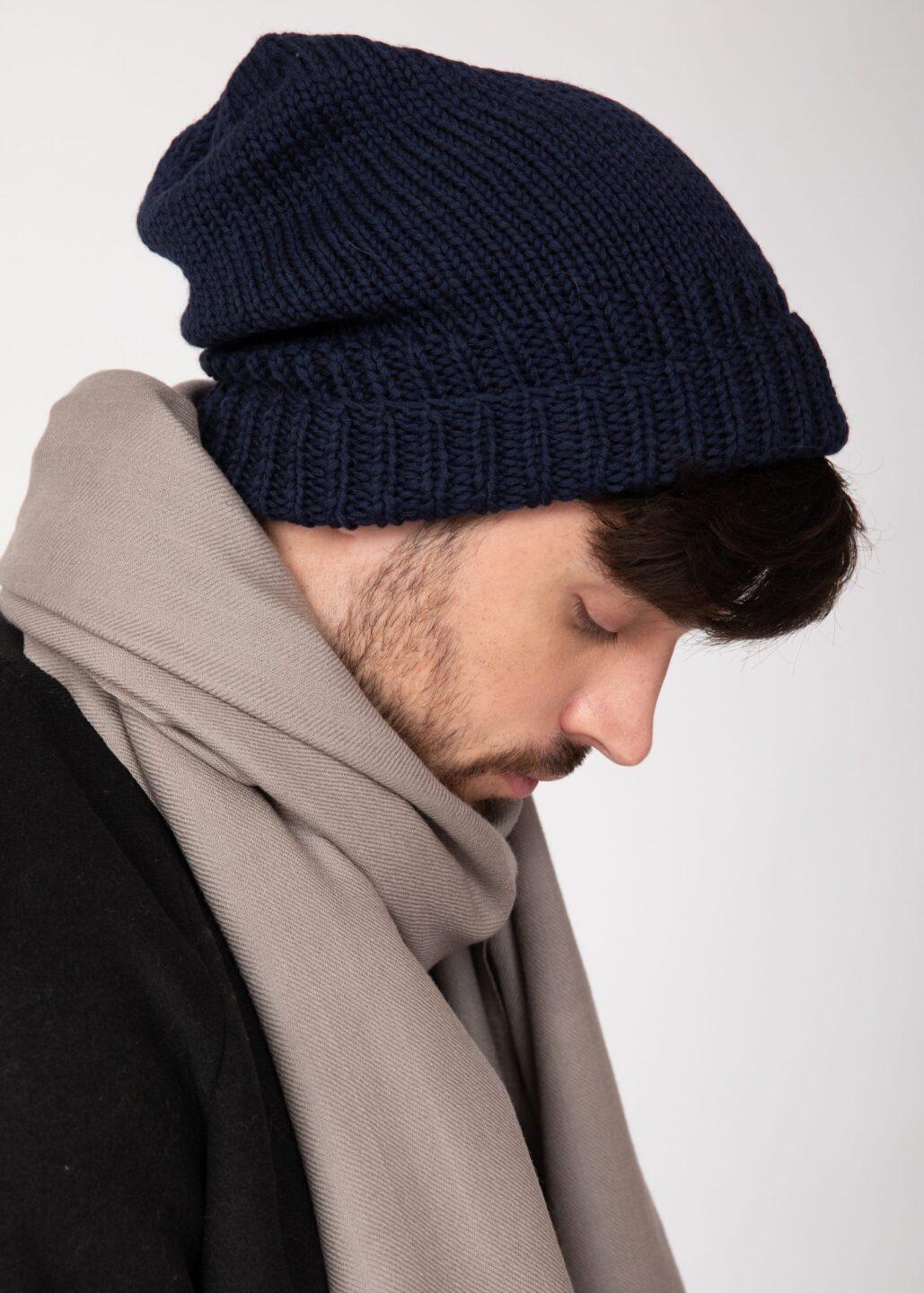 Slouch Men's Beanie Hat Merino Wool Navy Blue