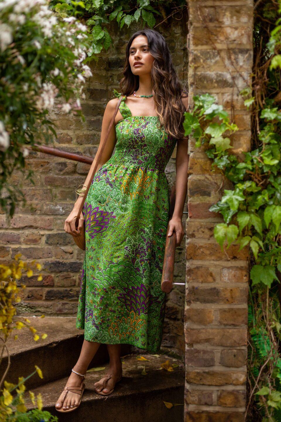 Strapless Midi Dress in Green Peacock Print