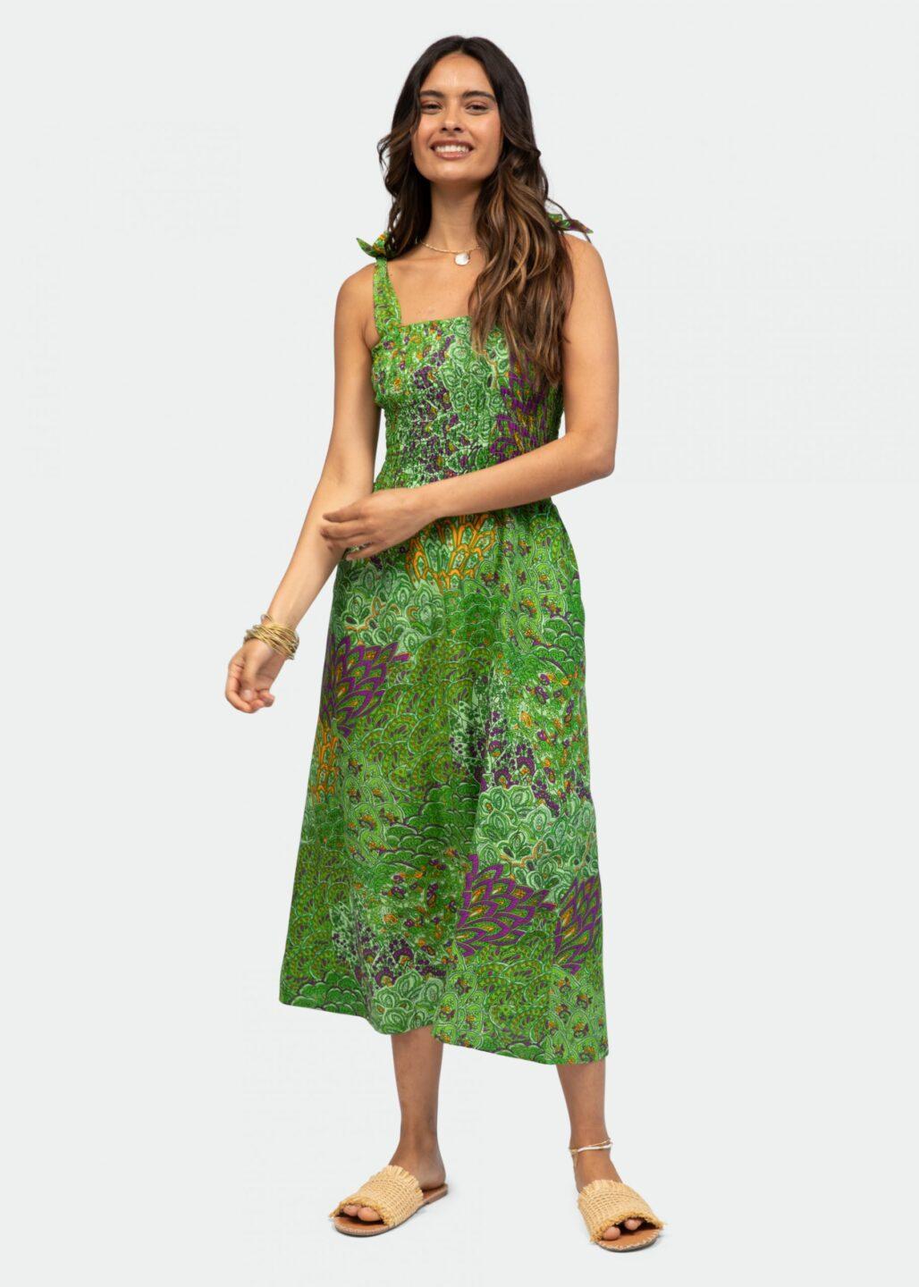 Strapless Midi Dress in Green Peacock Print