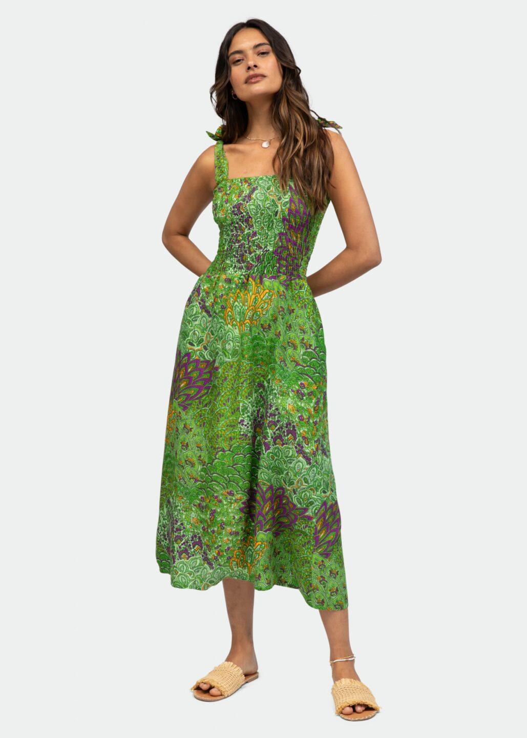 Strapless Midi Dress in Green Peacock Print