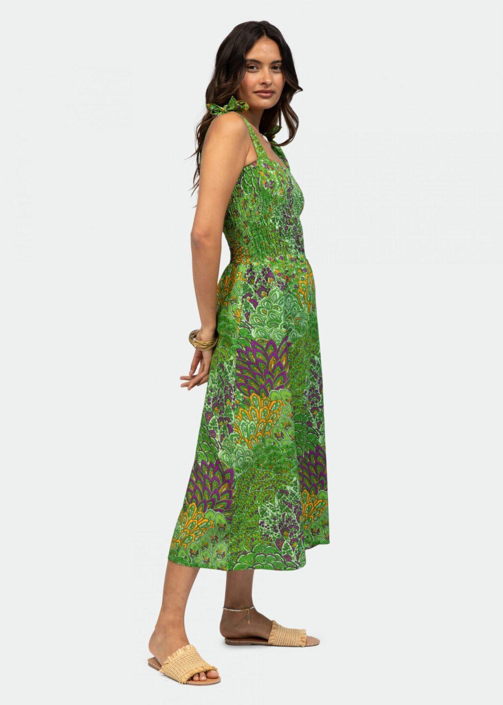 Strapless Midi Dress in Green Peacock Print