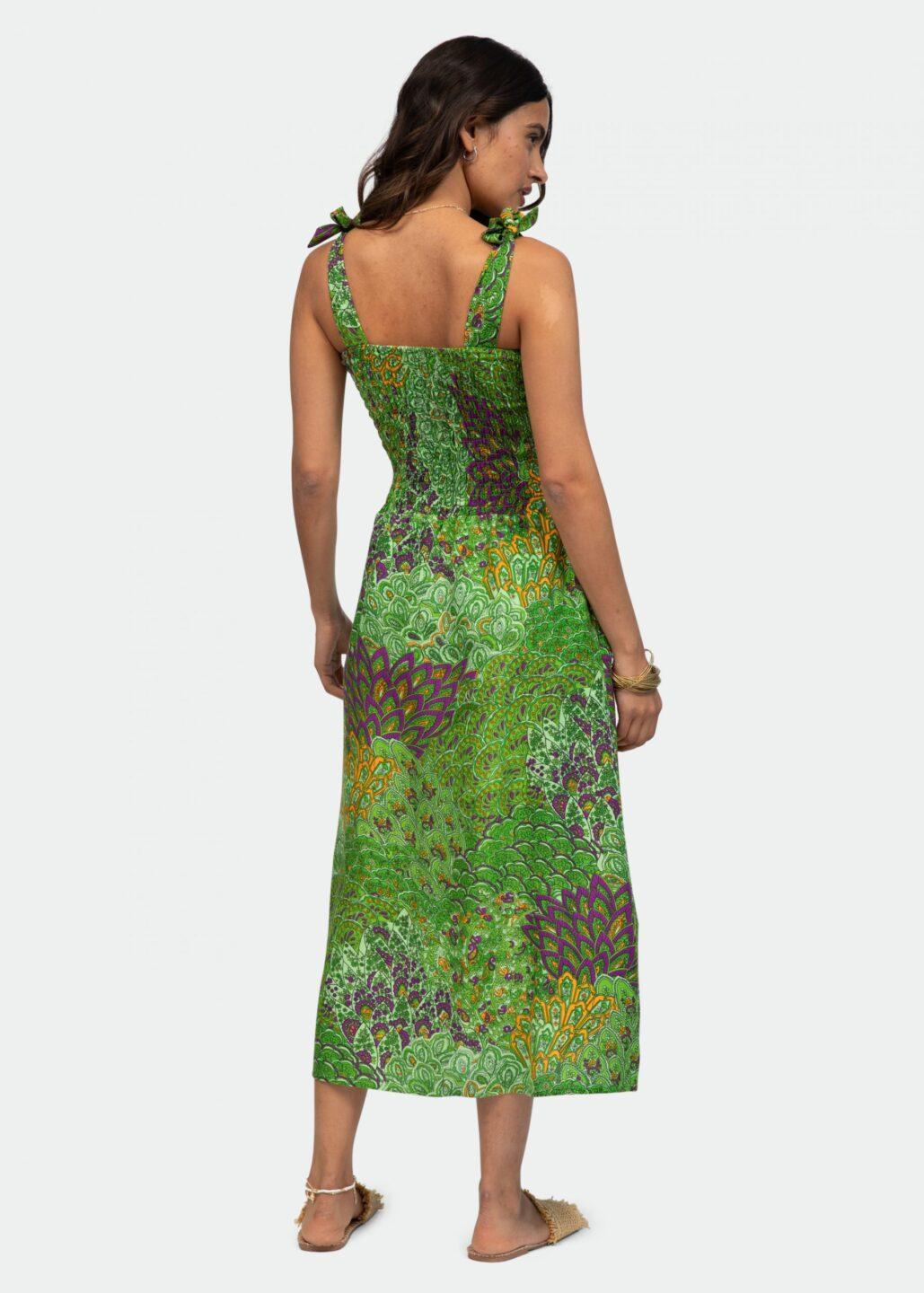 Strapless Midi Dress in Green Peacock Print