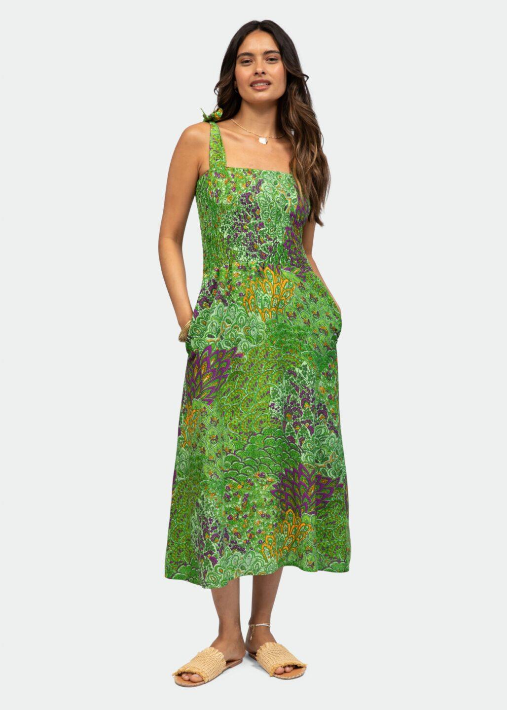 Strapless Midi Dress in Green Peacock Print