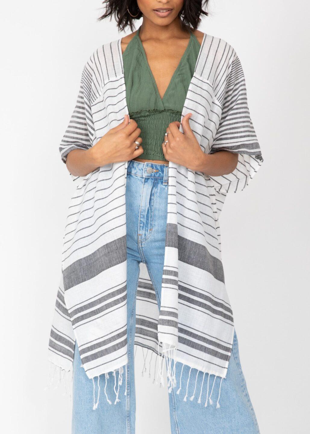 Kimono Cover Cover Up With Tassel Fringe In Stripes