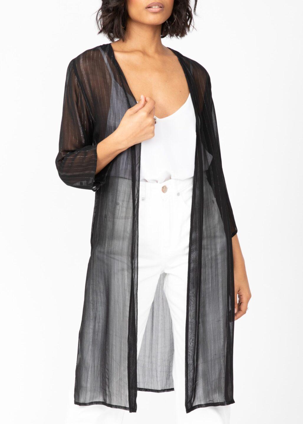 Kimono Cover Up in Sheer Black with Silver Sparkle