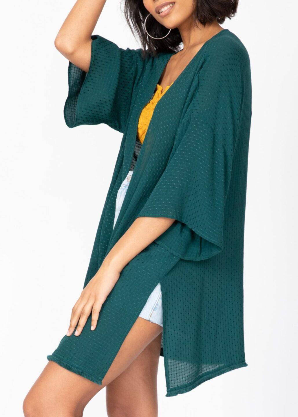 Kimono Cover Up with Fringing in Emerald Green