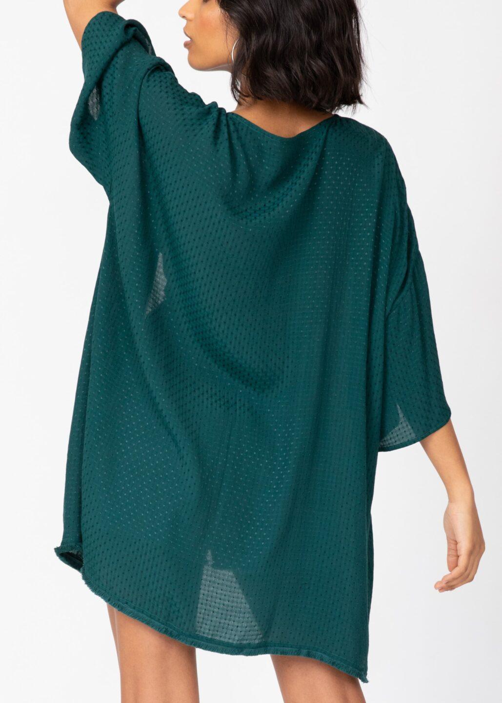 Kimono Cover Up with Fringing in Emerald Green