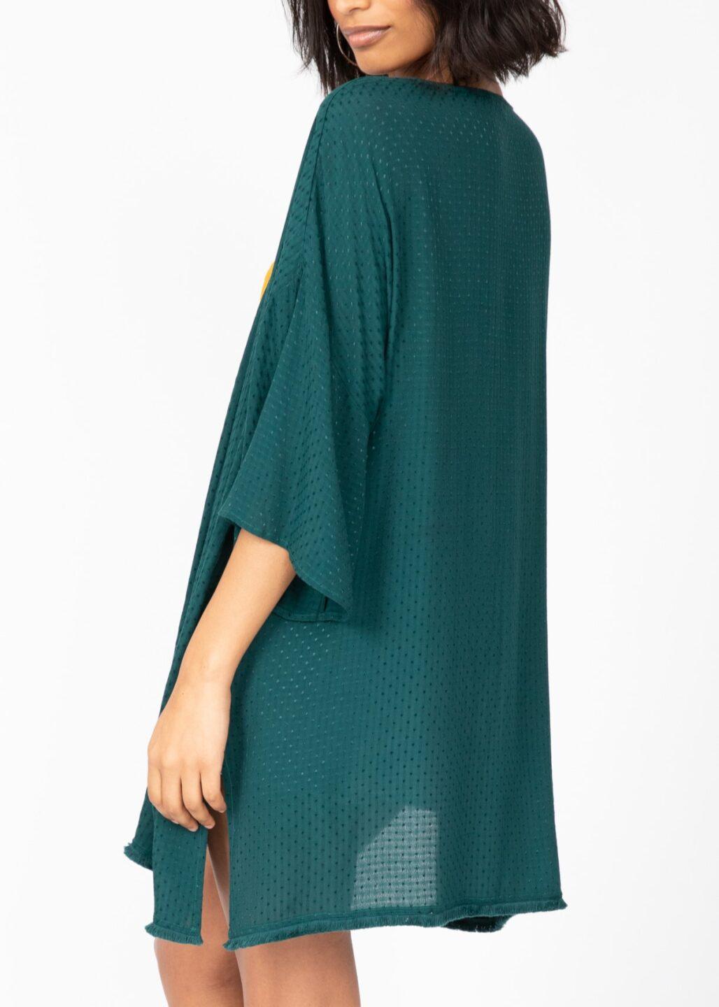 Kimono Cover Up with Fringing in Emerald Green