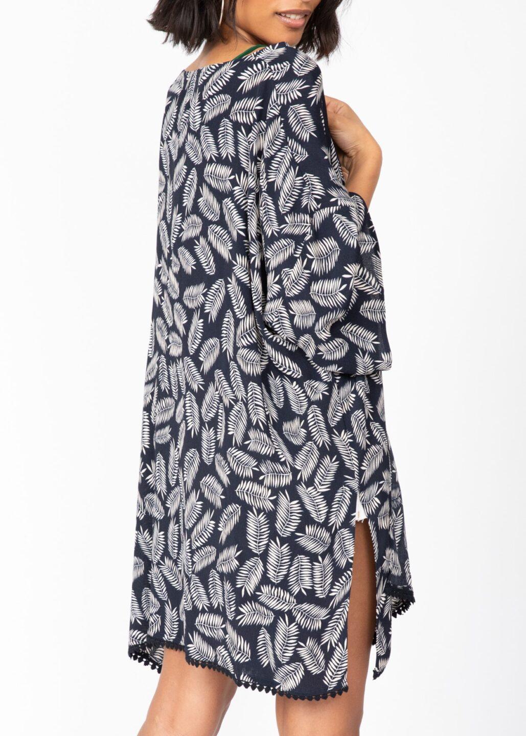 Kimono Cover Up with Lace Trim in Midnight Blue & White Leaves