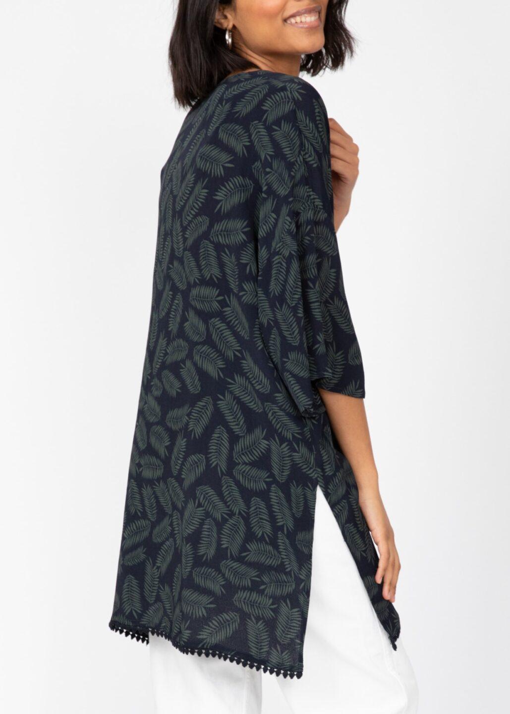 Kimono Cover Up with Lace Trim in Midnight Blue & Green Leaves