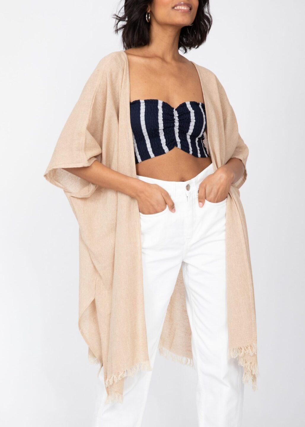 Textured Cotton Kimono Kaftan in Neutral Sand