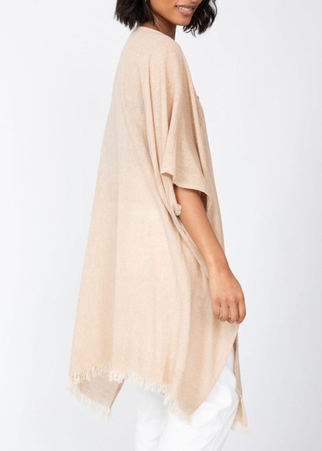 Textured Cotton Kimono Kaftan in Neutral Sand