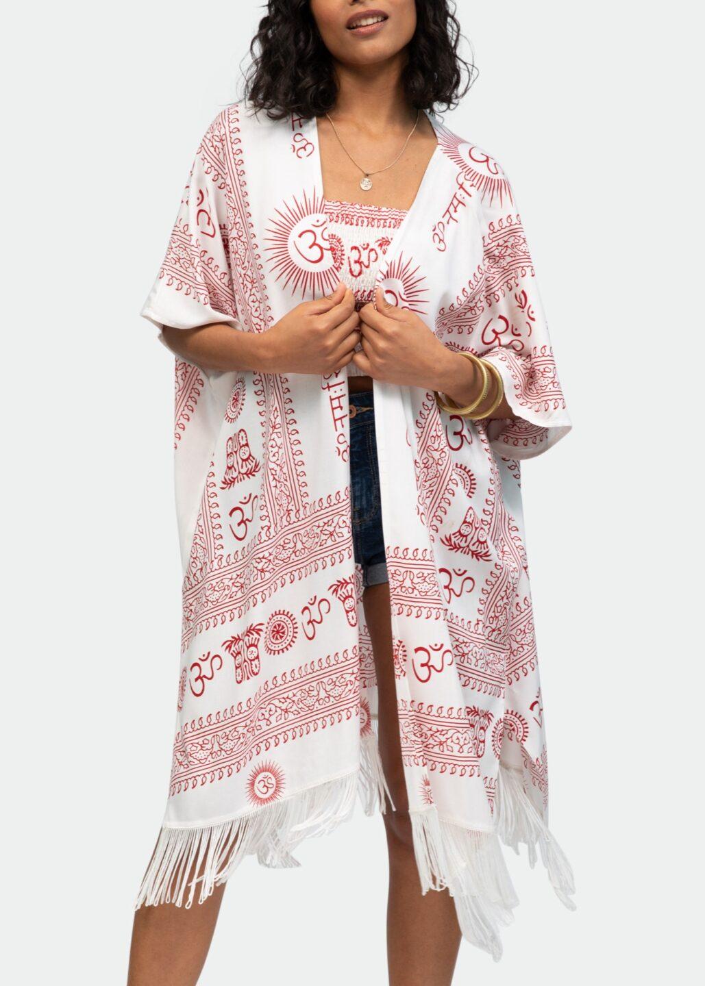 Beach Cover Up Kaftan Kimono in Om Print White