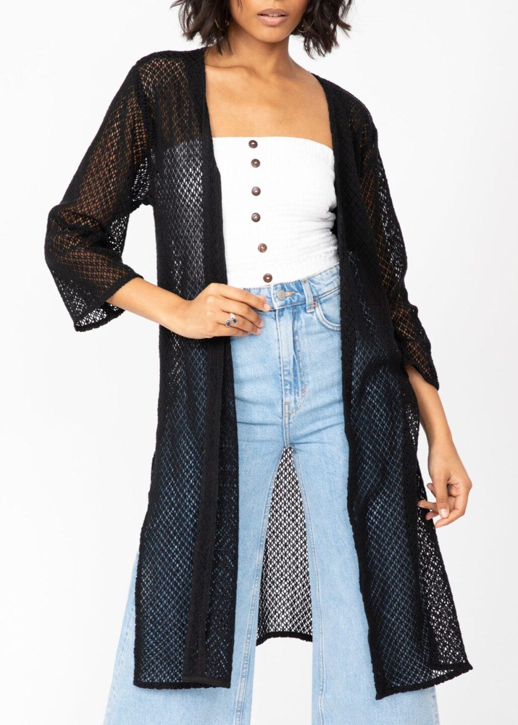 Cotton Crochet Kimono Cover-Up in Black