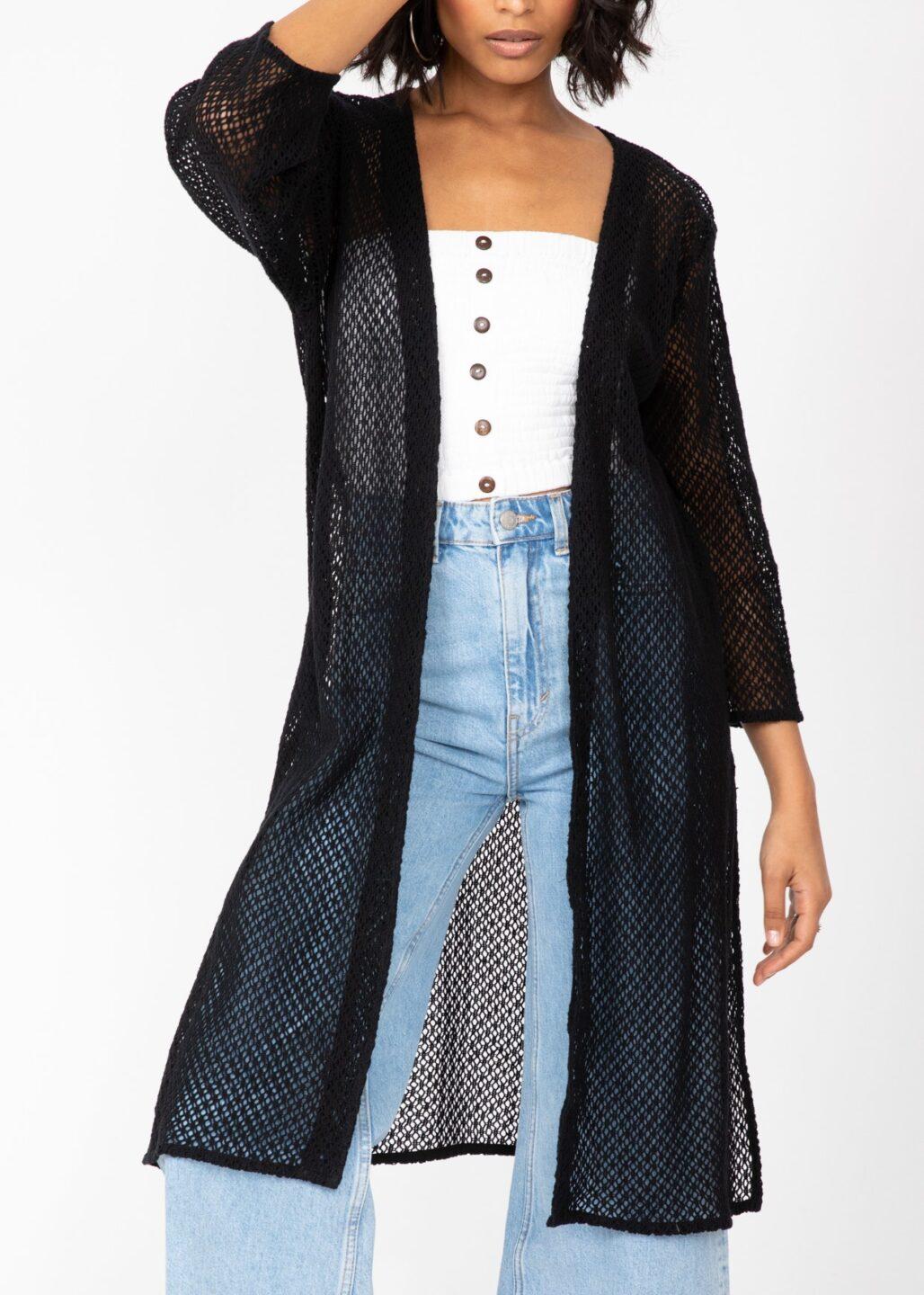 Cotton Crochet Kimono Cover-Up in Black