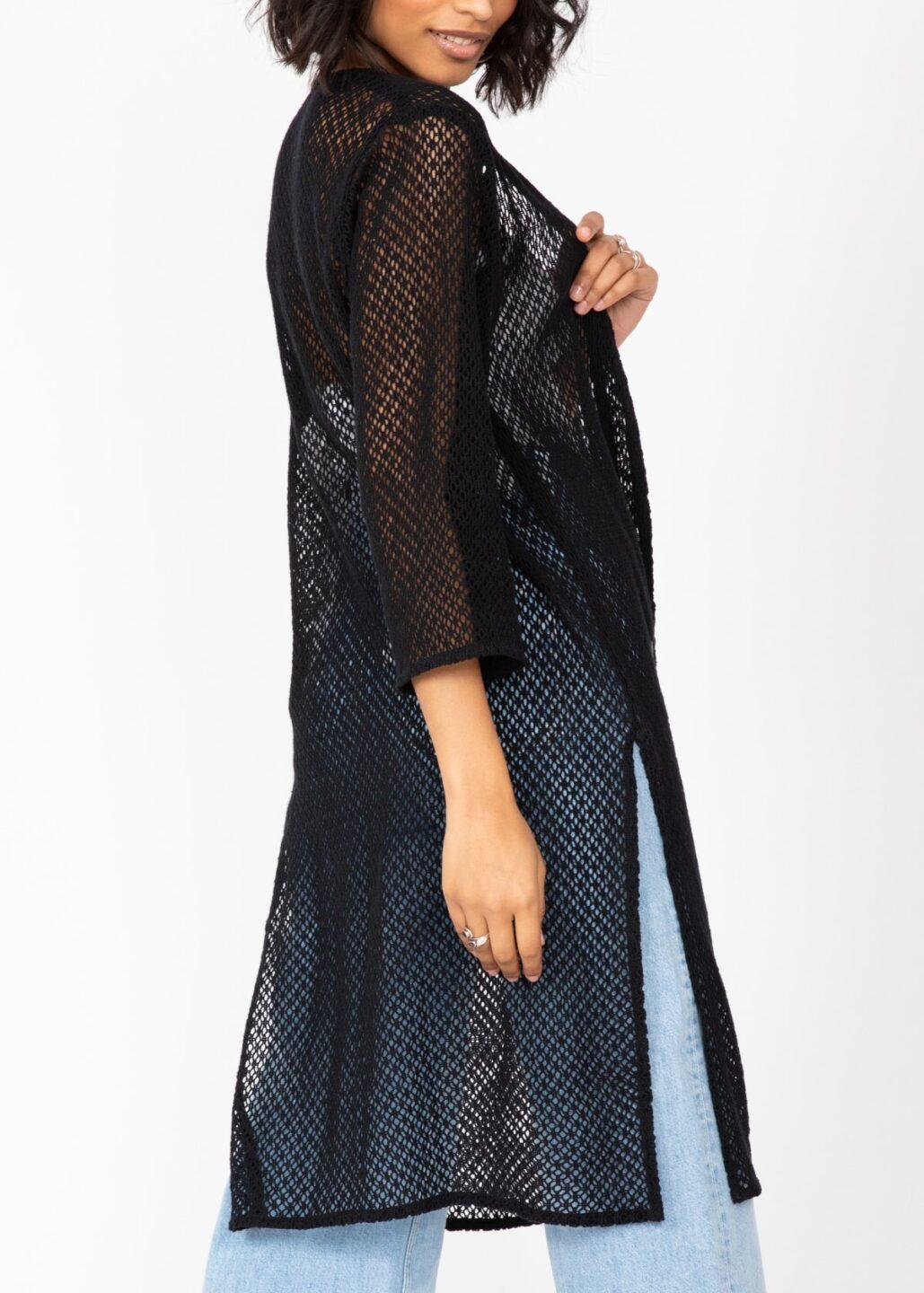 Cotton Crochet Kimono Cover-Up in Black