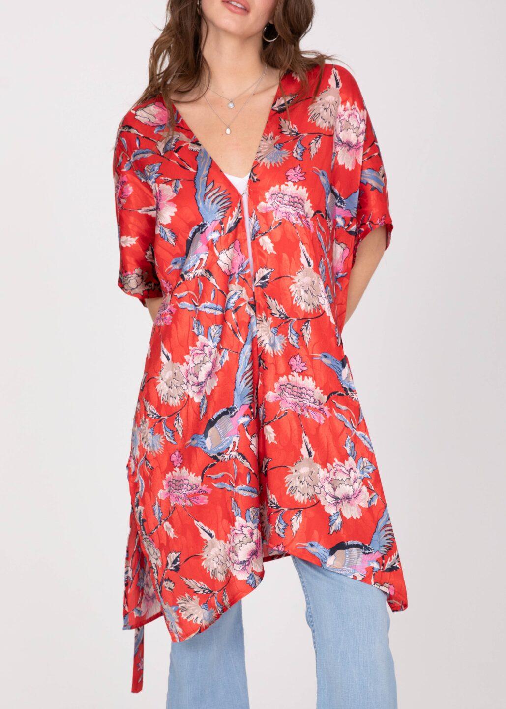 Satin Kimono Cover Up with Belt in Red Birds of Paradise Print