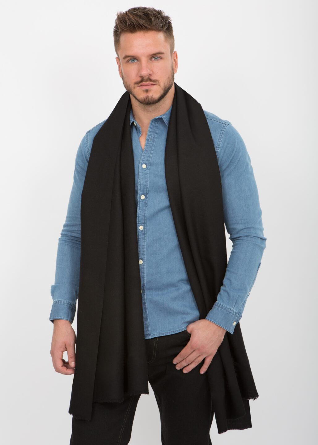 Handwoven Merino Wool Blanket Scarf for Men in Black