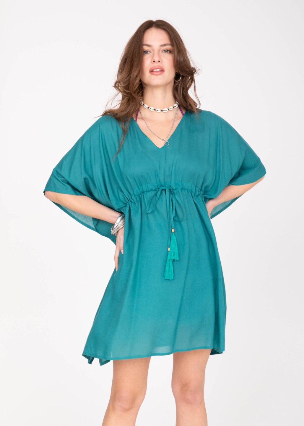 Tassel Tie Beach Kaftan in Turquoise Blue