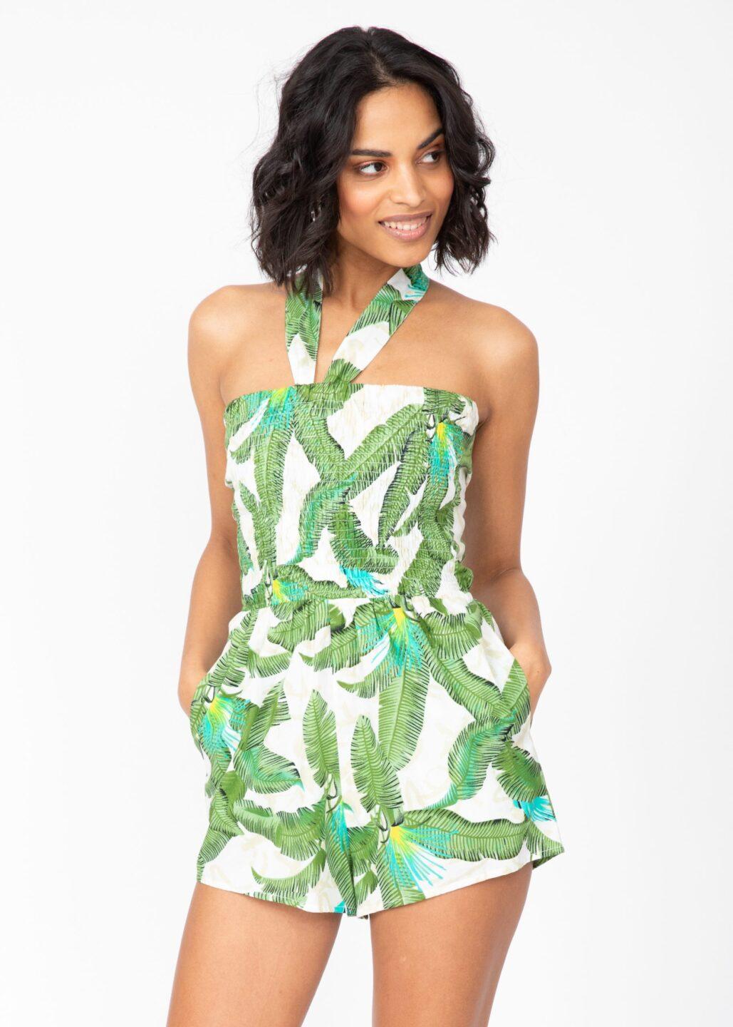 Tie Back Playsuit in Green Tropical Print