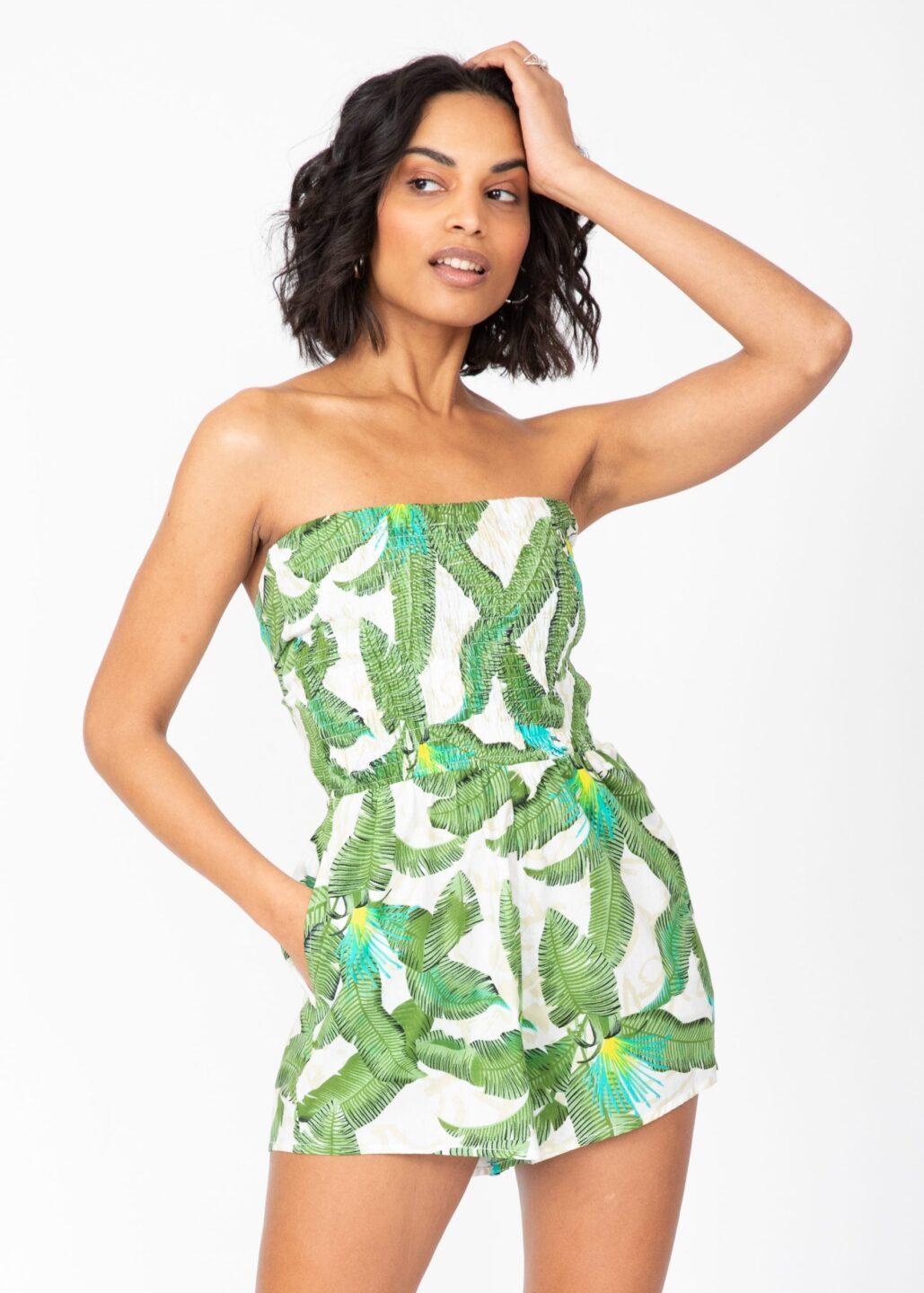 Tie Back Playsuit in Green Tropical Print