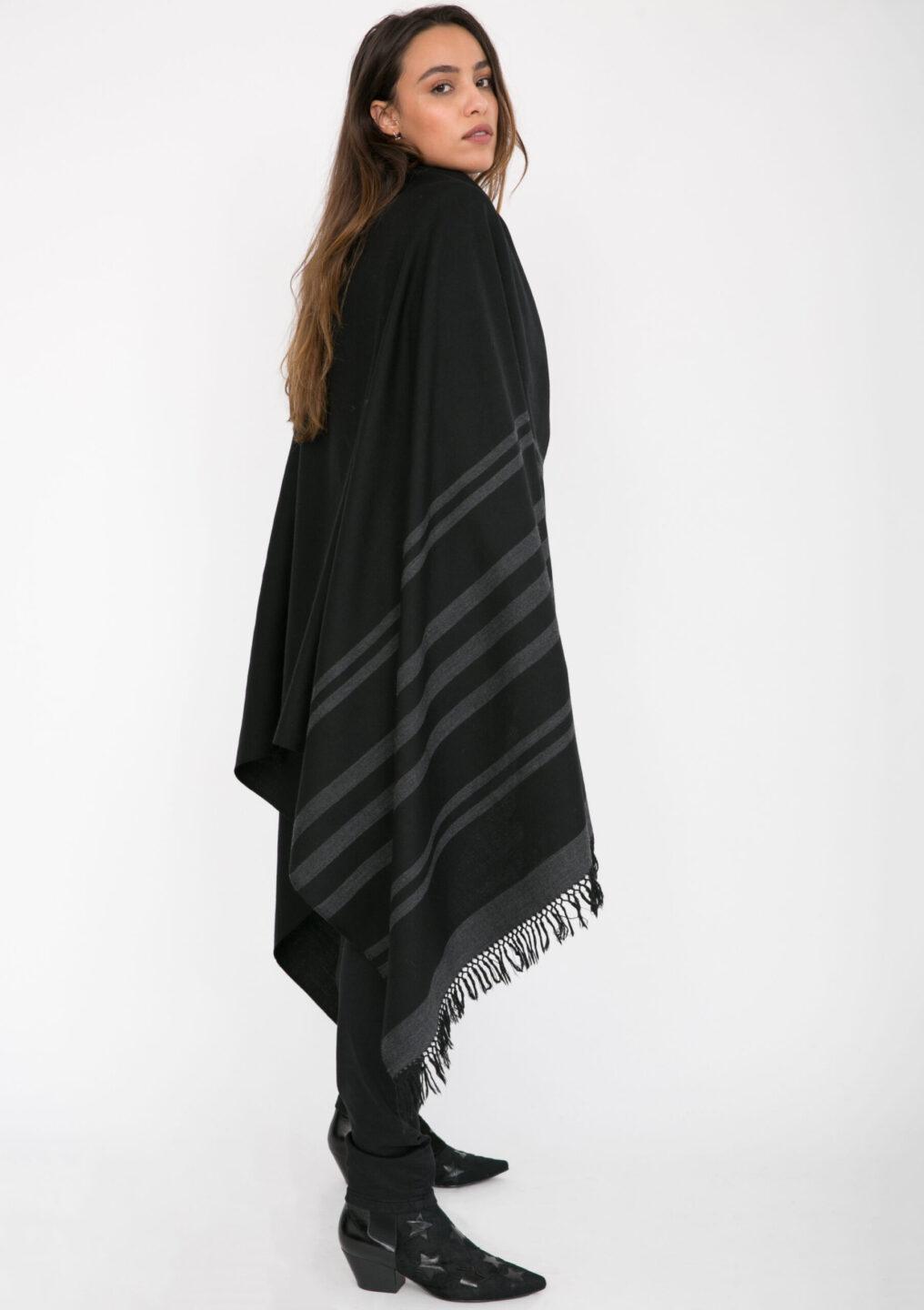 Twill Handwoven Merino Shawl and Oversize Scarf with Stripes 100 X 200cm Black