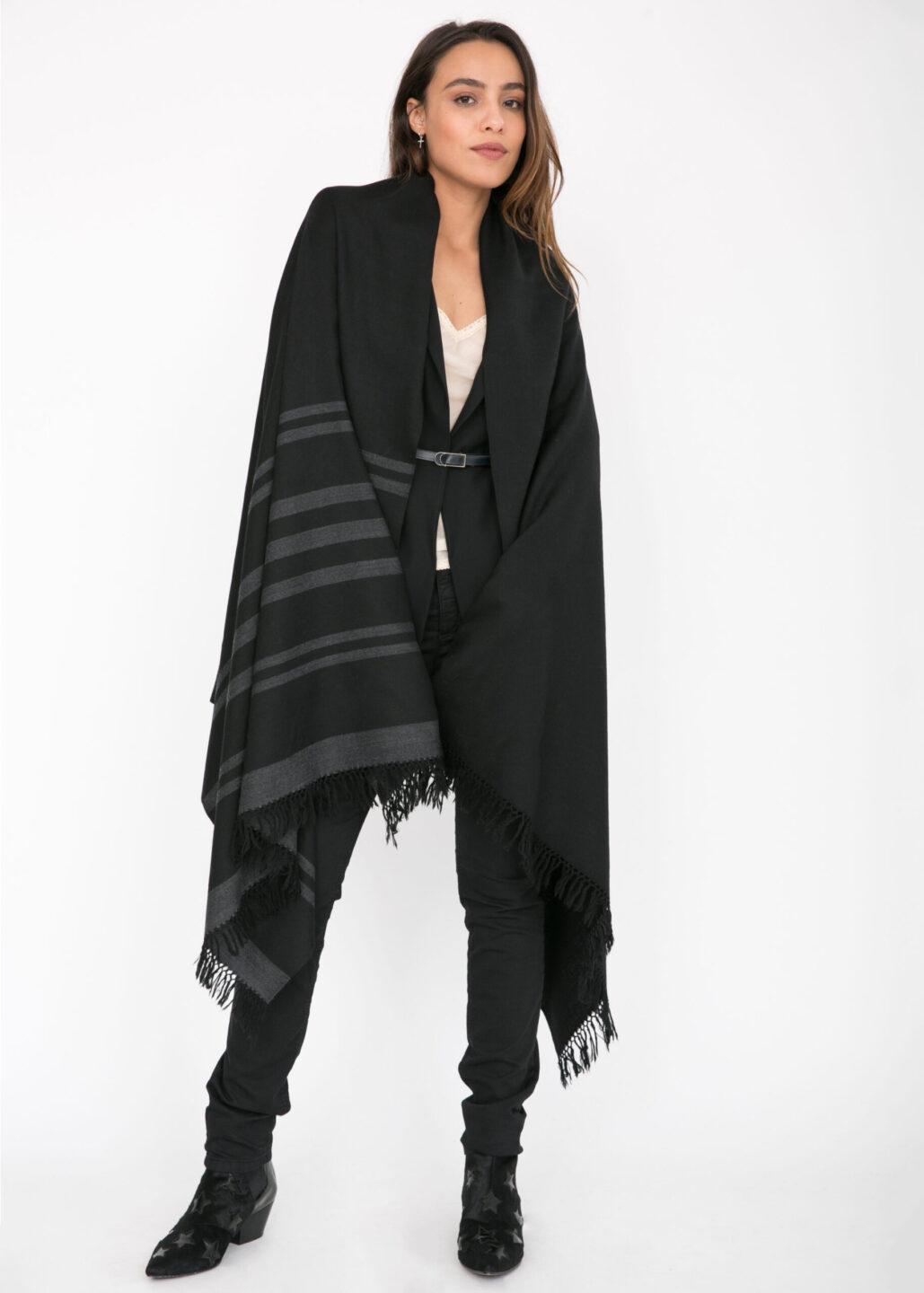 Twill Handwoven Merino Shawl and Oversize Scarf with Stripes 100 X 200cm Black