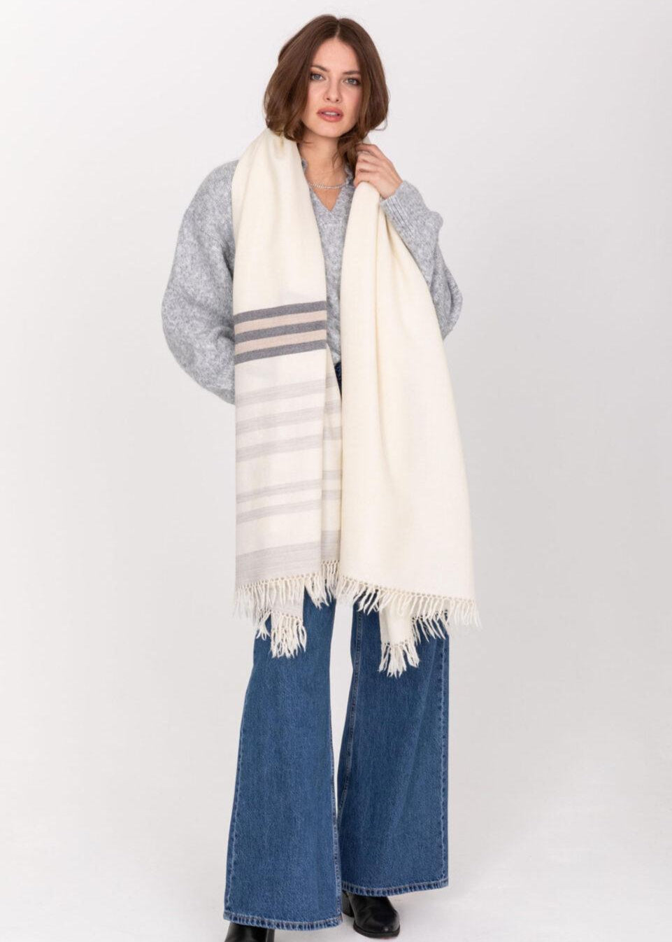 Ethically Handwoven Merino Wool Blanket Shawl in Cream with Stripes