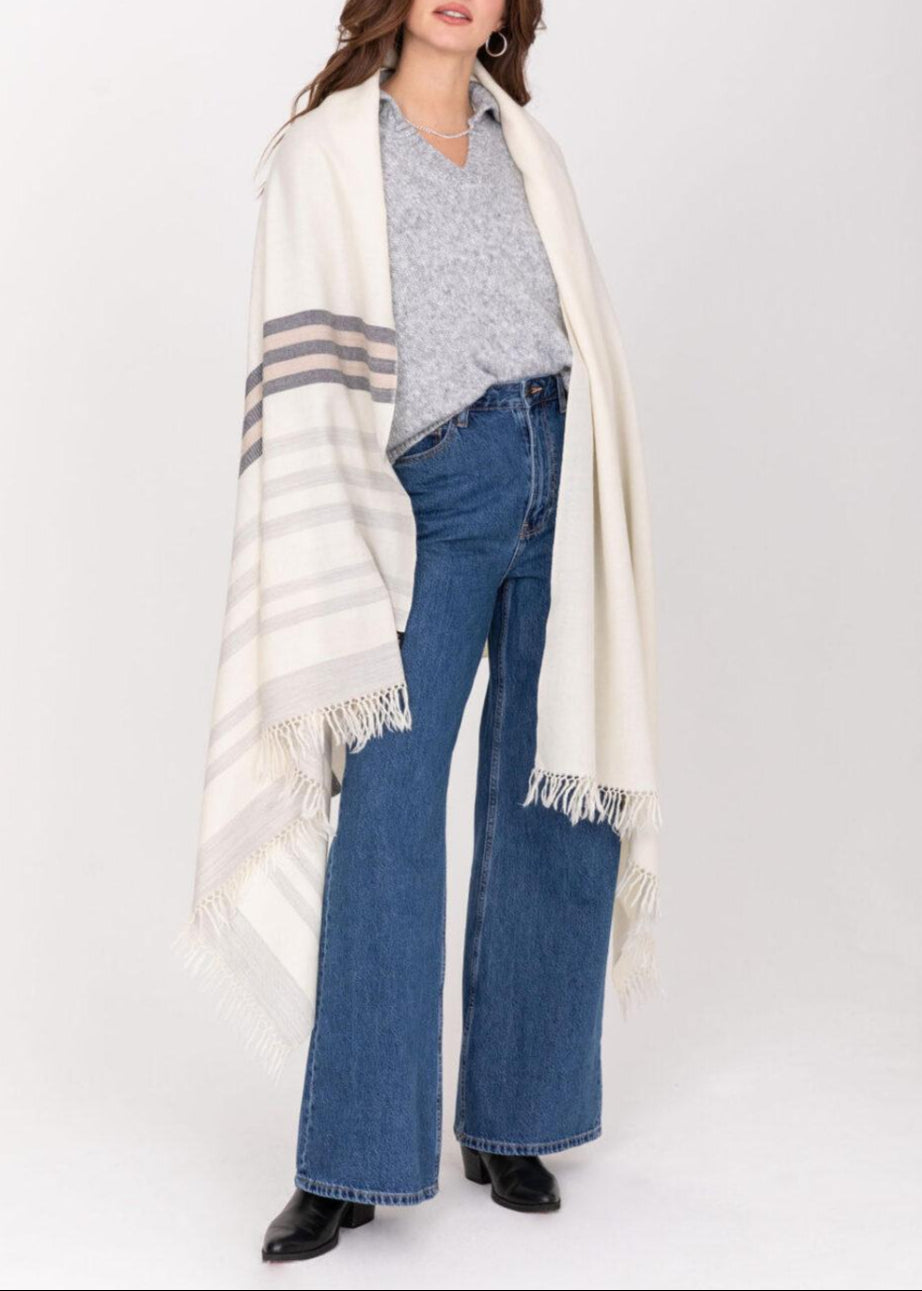 Ethically Handwoven Merino Wool Blanket Shawl in Cream with Stripes