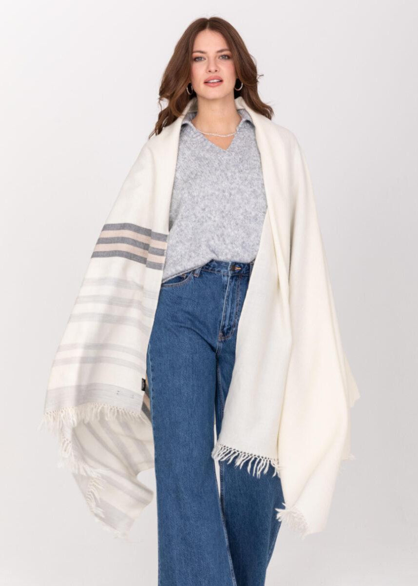 Ethically Handwoven Merino Wool Blanket Shawl in Cream with Stripes