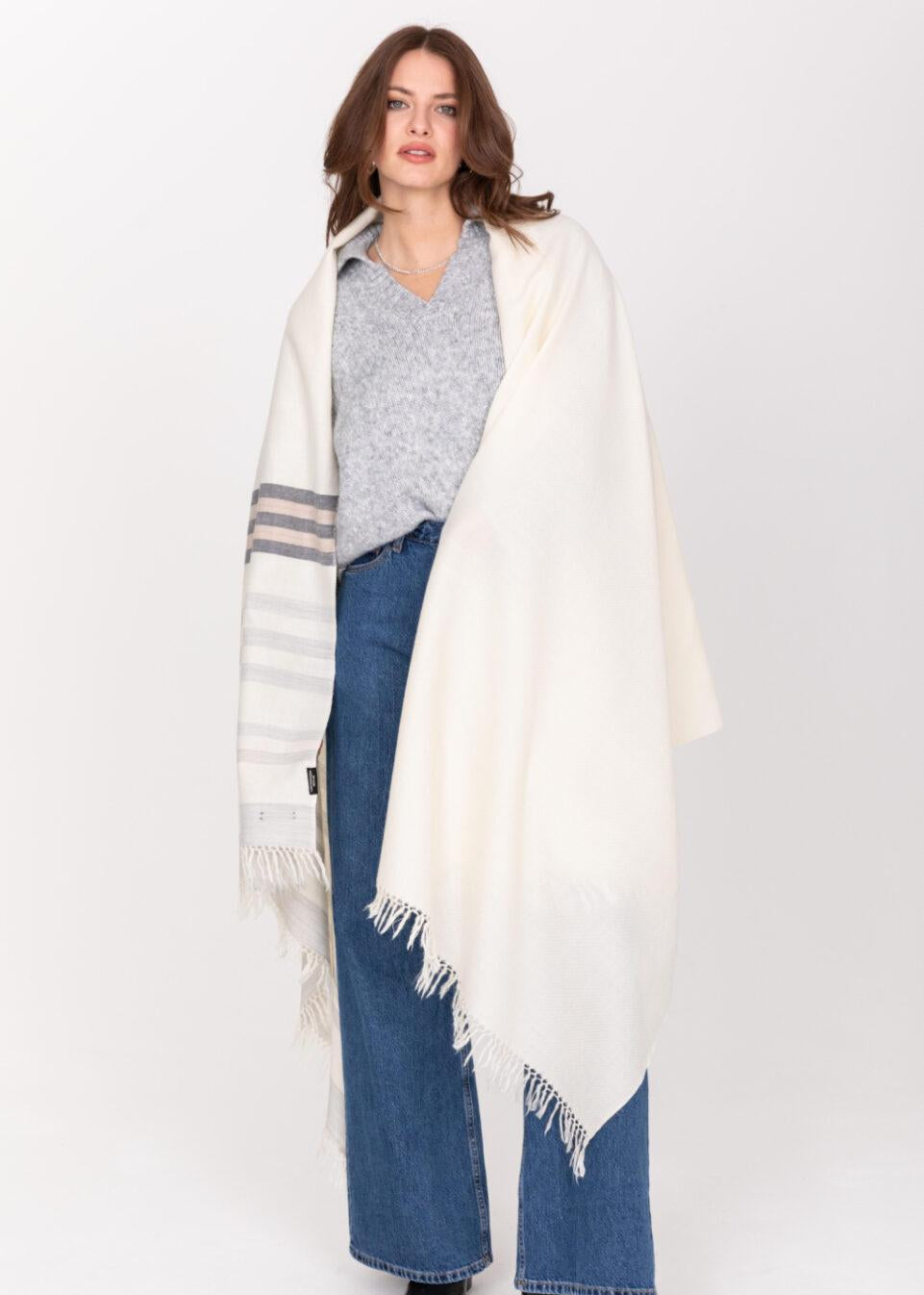 Ethically Handwoven Merino Wool Blanket Shawl in Cream with Stripes