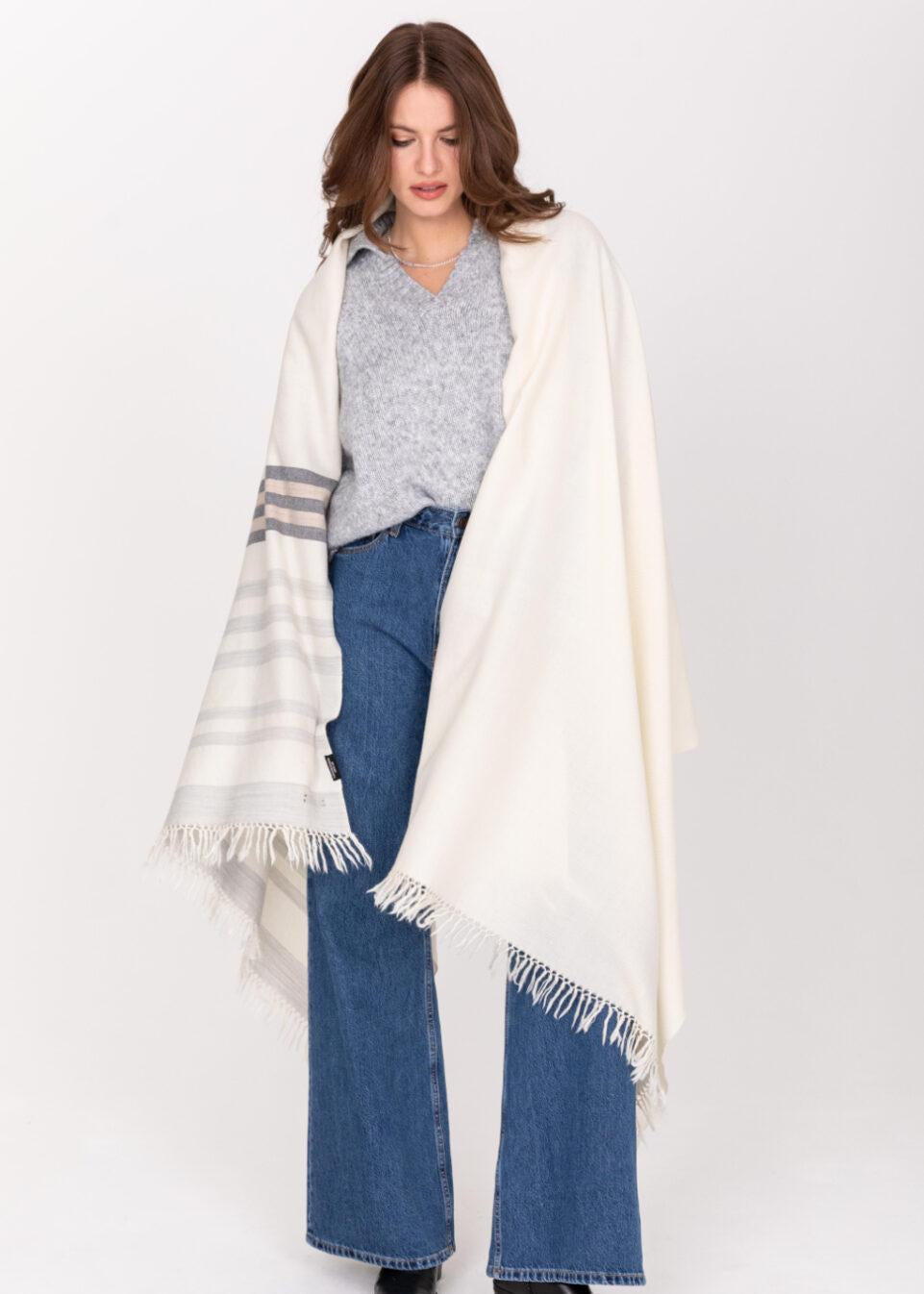 Ethically Handwoven Merino Wool Blanket Shawl in Cream with Stripes