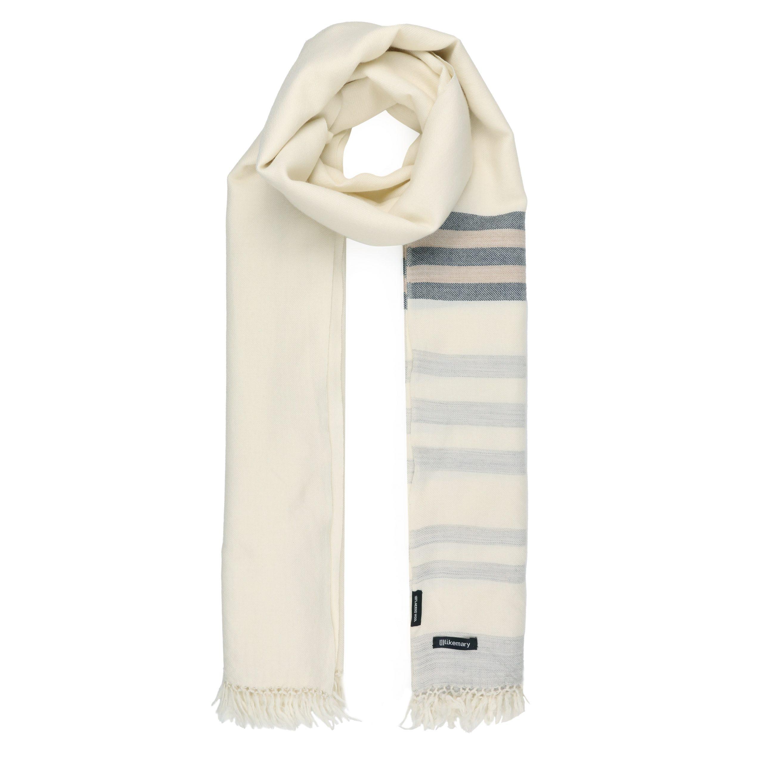 Twill Handwoven Merino Shawl and Oversize Scarf with Stripes 100 X 200cm Cream