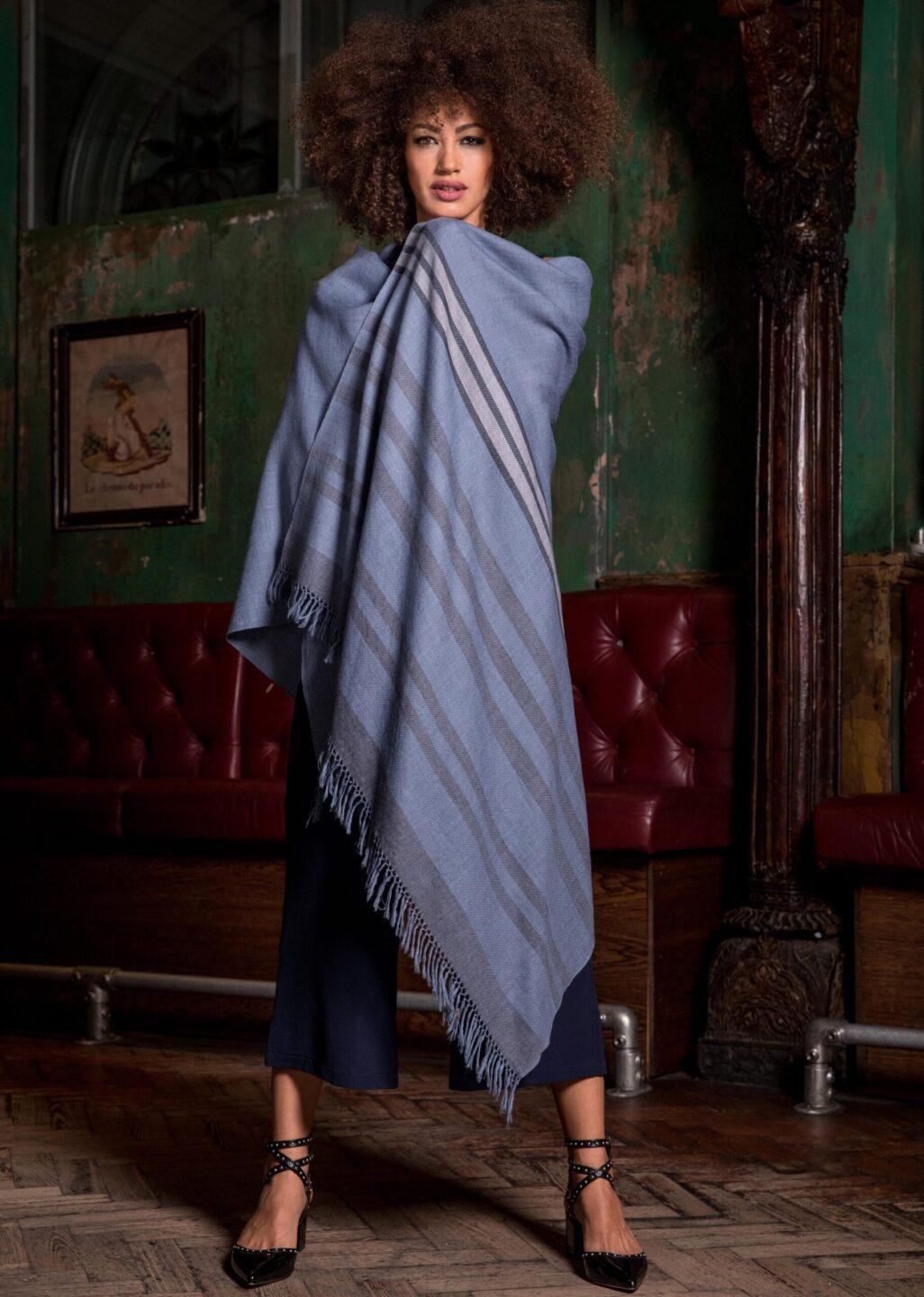 Twill Handwoven Merino Shawl and Oversize Scarf with Stripes 100 X 200cm Jeans Blue