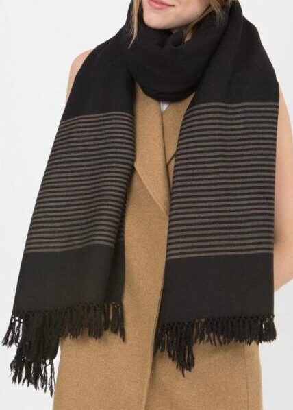 100 x 200 cm likemary black blanket scarf with bordered stripes and artisanal hand-knotted fringe