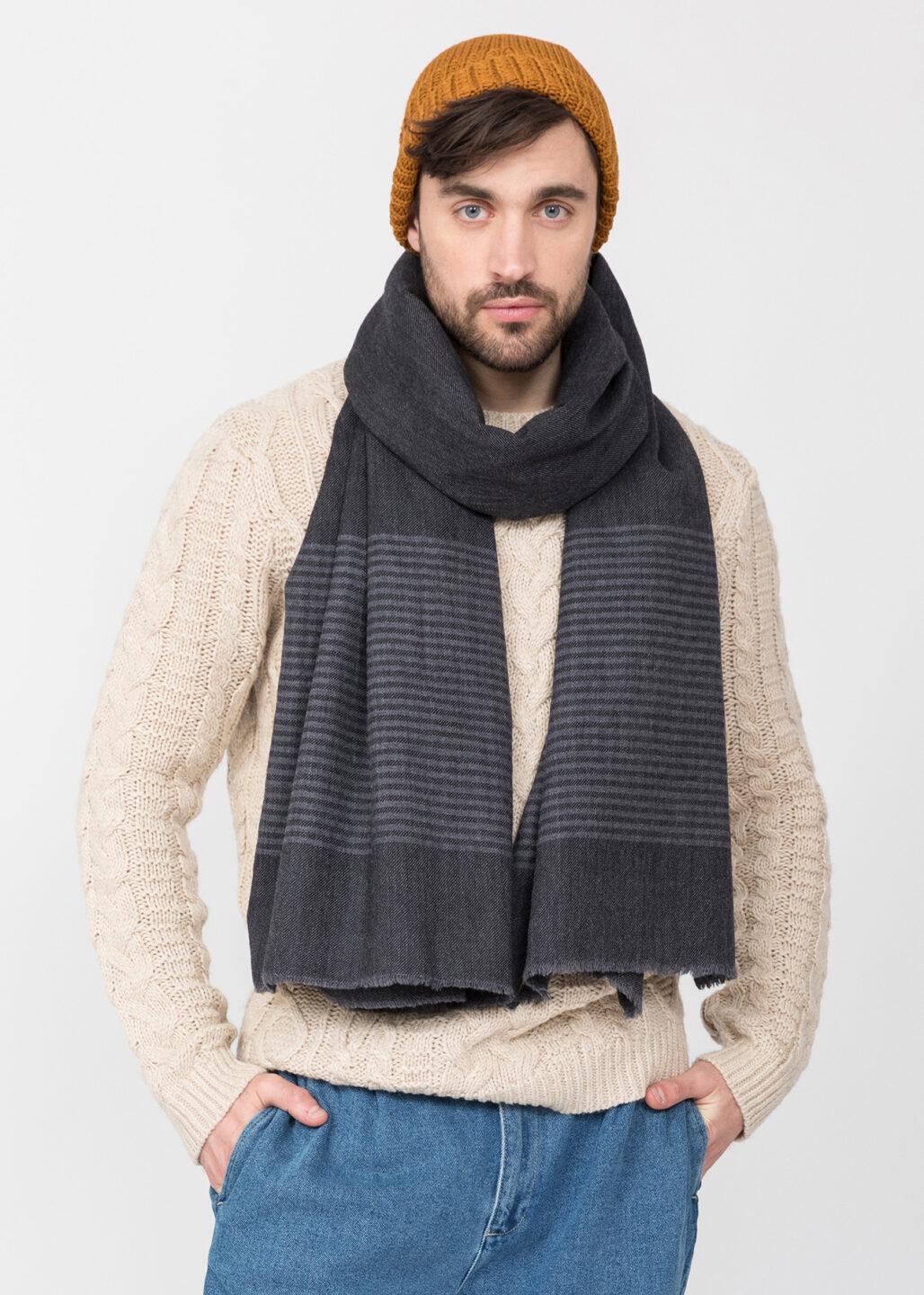 Twill Merino Handwoven Oversize Scarf Charcoal with Stripes Charcoal