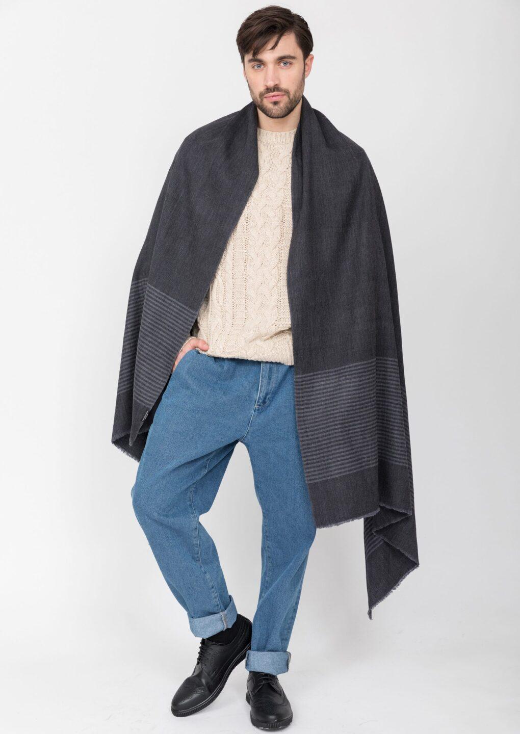 Twill Merino Handwoven Oversize Scarf Charcoal with Stripes Charcoal