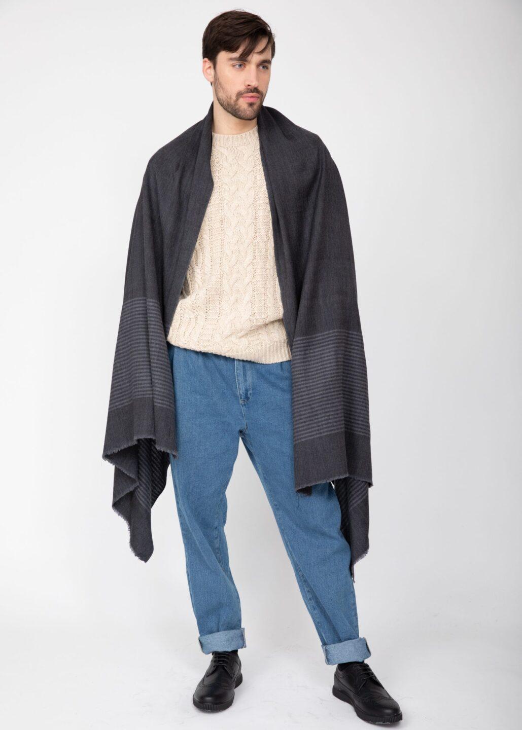 Twill Merino Handwoven Oversize Scarf Charcoal with Stripes Charcoal