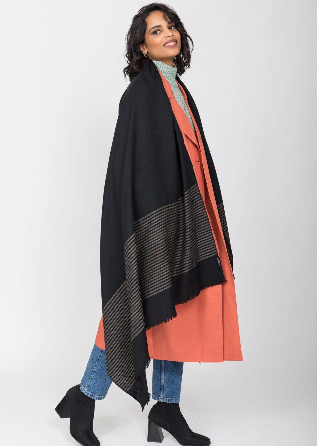 Twill Merino Handwoven Pashmina &amp; Blanket Scarf with Stripes Black