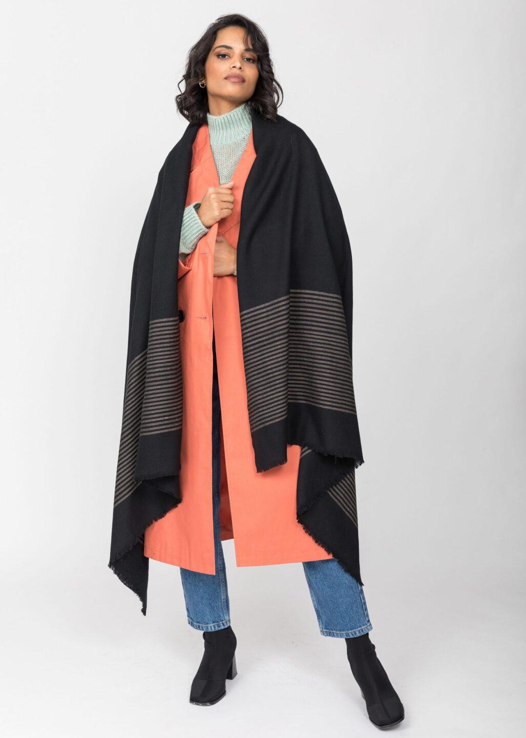 Twill Merino Handwoven Pashmina &amp; Blanket Scarf with Stripes Black