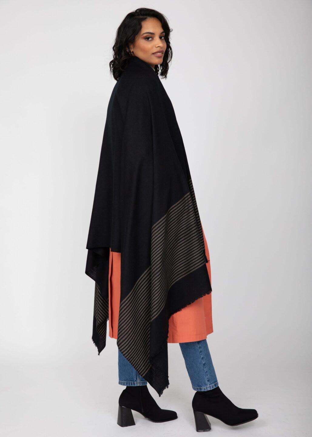 Twill Merino Handwoven Pashmina &amp; Blanket Scarf with Stripes Black