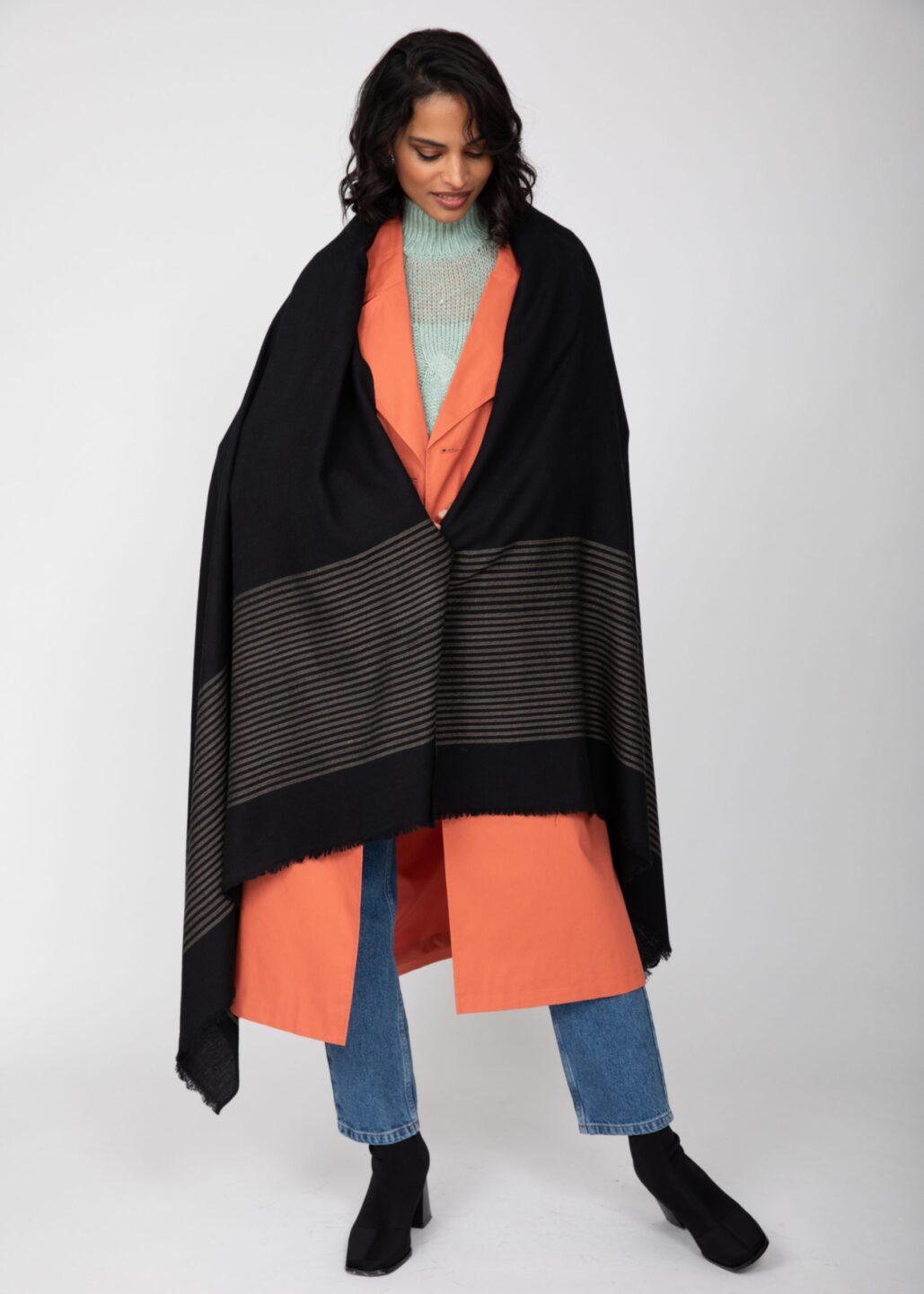 Twill Merino Handwoven Pashmina &amp; Blanket Scarf with Stripes Black