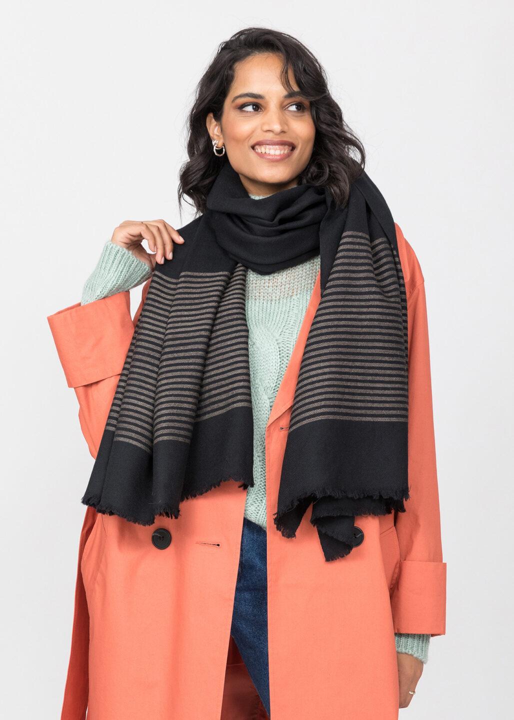 Twill Merino Handwoven Pashmina &amp; Blanket Scarf with Stripes Black