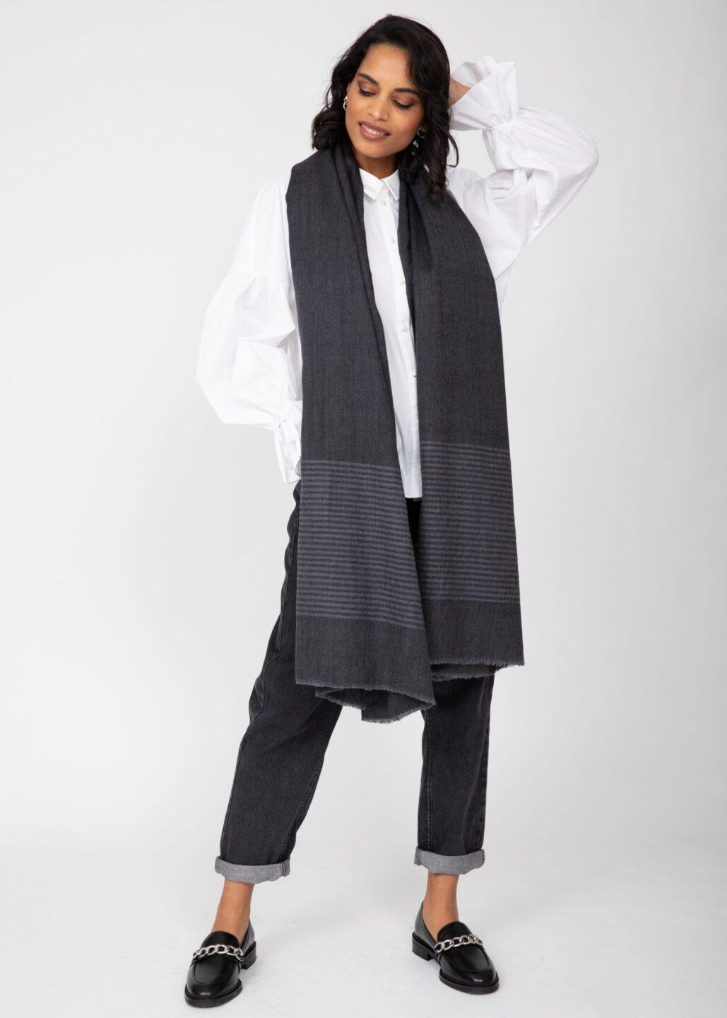 Twill Merino Handwoven Pashmina & Blanket Scarf with Stripes Charcoal