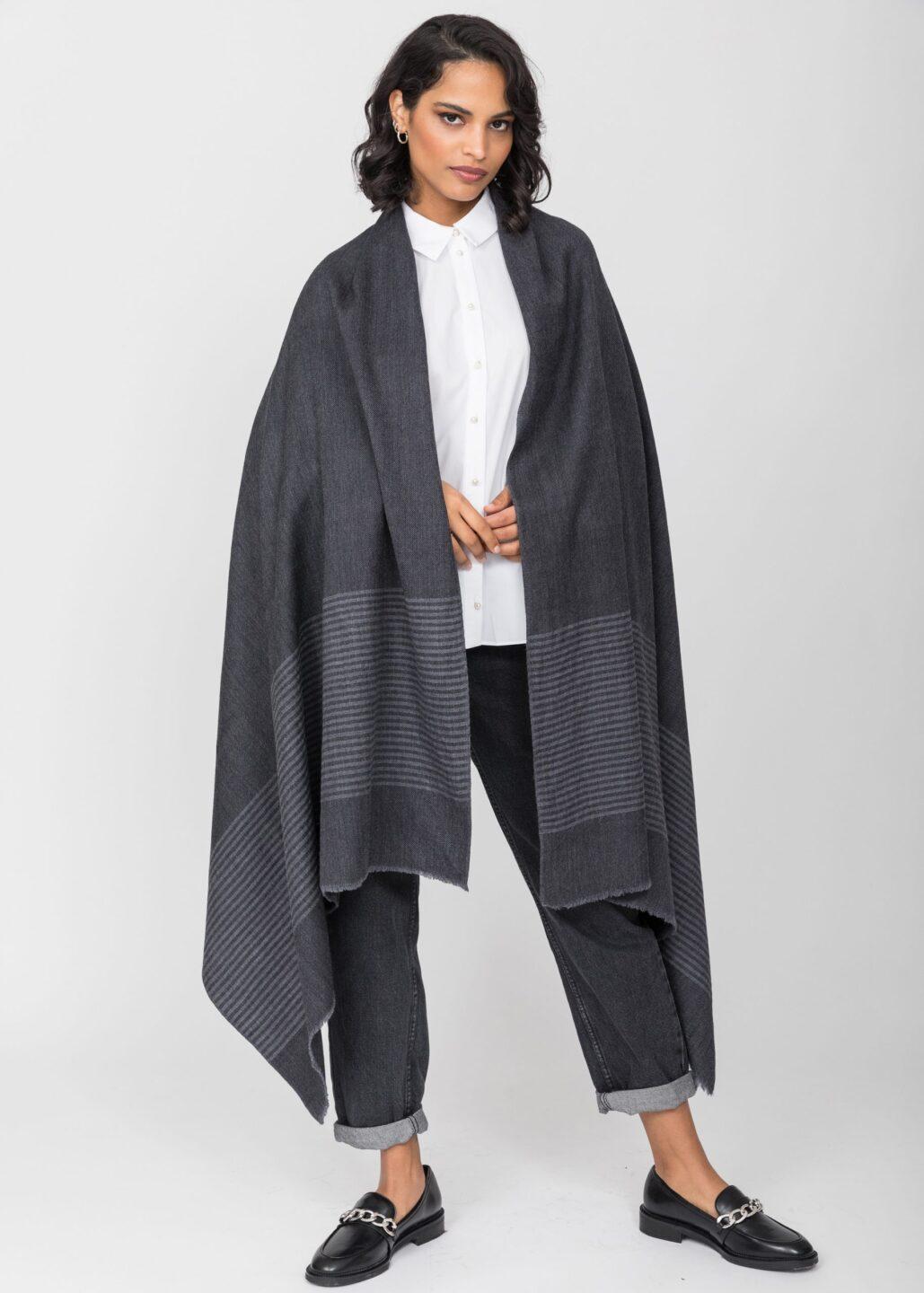 Twill Merino Handwoven Pashmina & Blanket Scarf with Stripes Charcoal