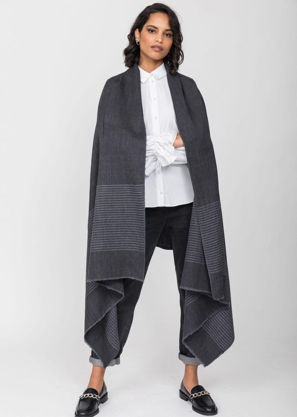 Twill Merino Handwoven Pashmina & Blanket Scarf with Stripes Charcoal