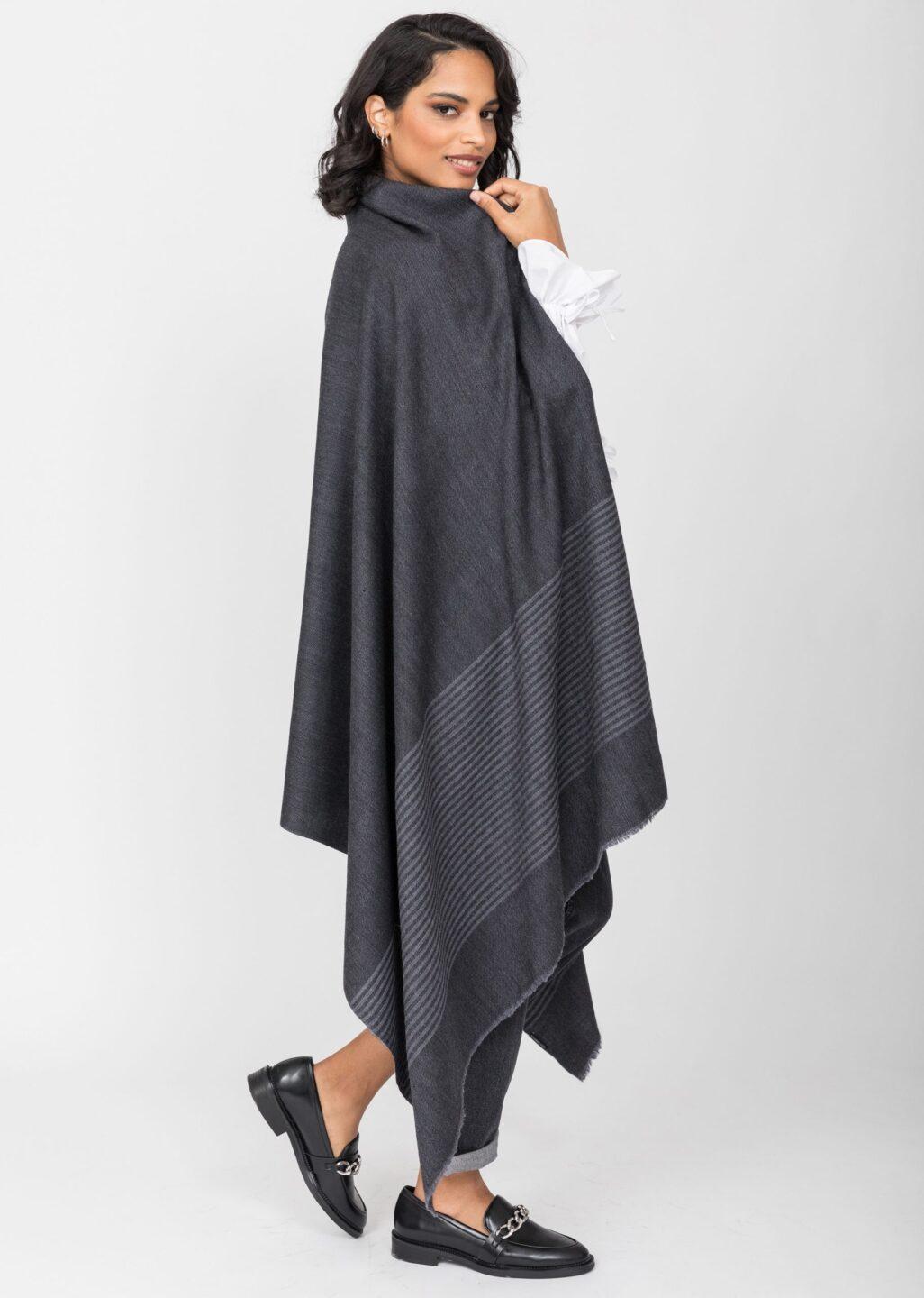 Twill Merino Handwoven Pashmina & Blanket Scarf with Stripes Charcoal