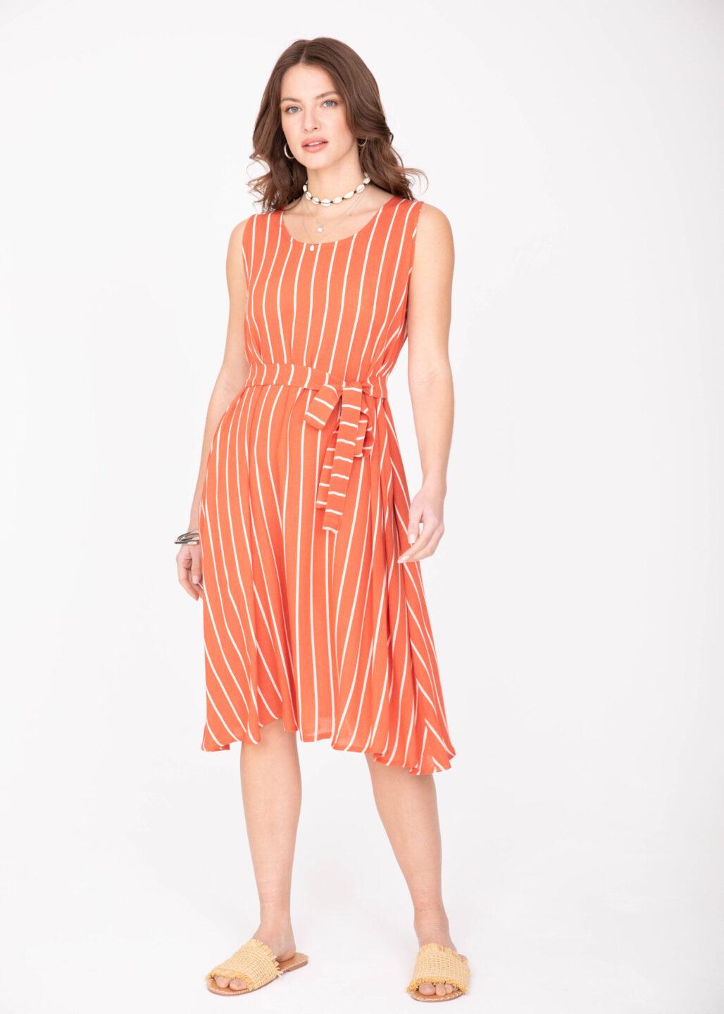 Umbrella Dress with Pockets & Belt in Orange Stripes