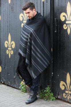 Twill Handwoven Merino Shawl and Oversize Scarf with Stripes 100 X 200cm Black