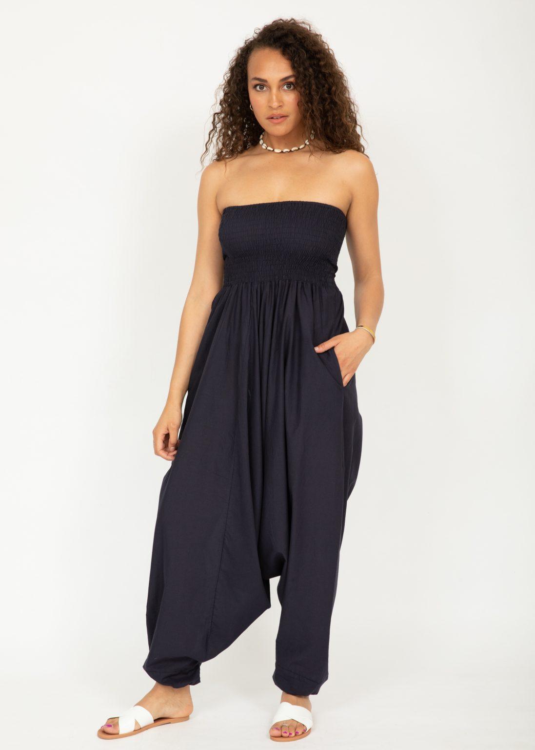 2 in 1 Cotton Maxi Harem Trouser Jumpsuit Midnight Blue – likemary